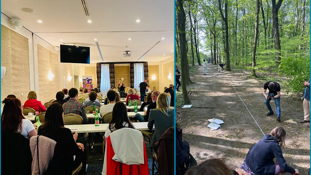 Een fotocompilatie, links een zaal met deelnemers die naar presentaties luisteren, rechts een buitenactiviteit waar deelnemers in een bos iets opmeten.