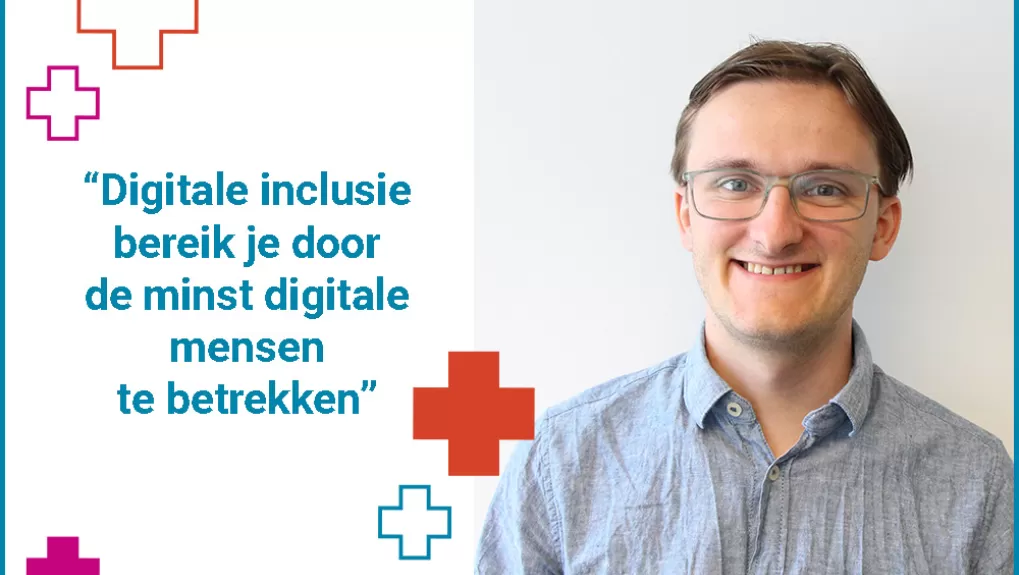 Een portretfoto van Andrei Frank op de rechterhelft, met aan de linkerzijde een quote van Andrei: "Digitale inclusie bereik je door de minst digitale mensen te betrekken"
