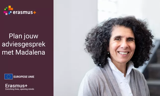Foto van Madalena Pereira, met links de tekst 'Plan jouw adviesgesprek in', samen met het logo van het Nationaal Agentschap, het logo van het Erasmus+ programma en het logo van de Europese Unie