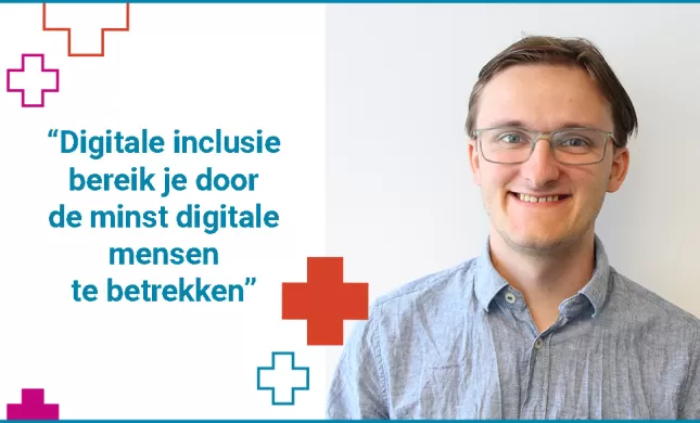 Een portretfoto van Andrei Frank op de rechterhelft, met aan de linkerzijde een quote van Andrei: "Digitale inclusie bereik je door de minst digitale mensen te betrekken"