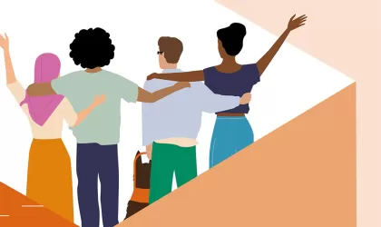 Getekend, vier personen uit verschillende culturen en werelddelen, gearmd. De derde persoon van links heeft een hond als begeleiding/steun