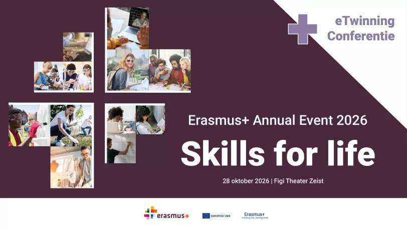 Hoofdbeeld Erasmus+ Annual Event, donkerpaarse achtergrond met het plusje uit het logo van Erasmus+, maar hier ingevuld met foto's waarop verschillende vaardigheden zichtbaar zijn, zoals lezen, rekenen, techniek, samenwerken, duurzaam werken. Rechts bovenin staat + eTwinning Conferentie in tekst. Onderaan is een witte balk met de drie logo's van het Nederlandse Nationaal Agentschap Erasmus+ Onderwijs & Training