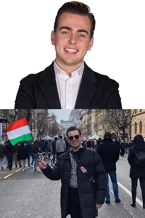 portretfoto van Damian Slobbe met Hongaarse vlag