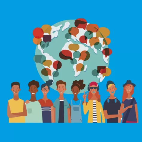 Getekende poppetjes voor een wereldbol