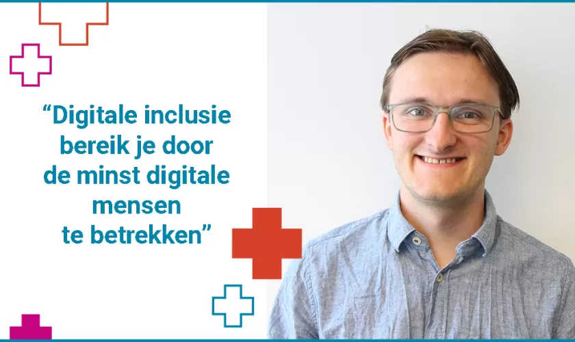 Een portretfoto van Andrei Frank op de rechterhelft, met aan de linkerzijde een quote van Andrei: "Digitale inclusie bereik je door de minst digitale mensen te betrekken"